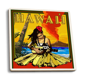 CERAMIC COASTER Hawaii, Hula Girl & Ukulele